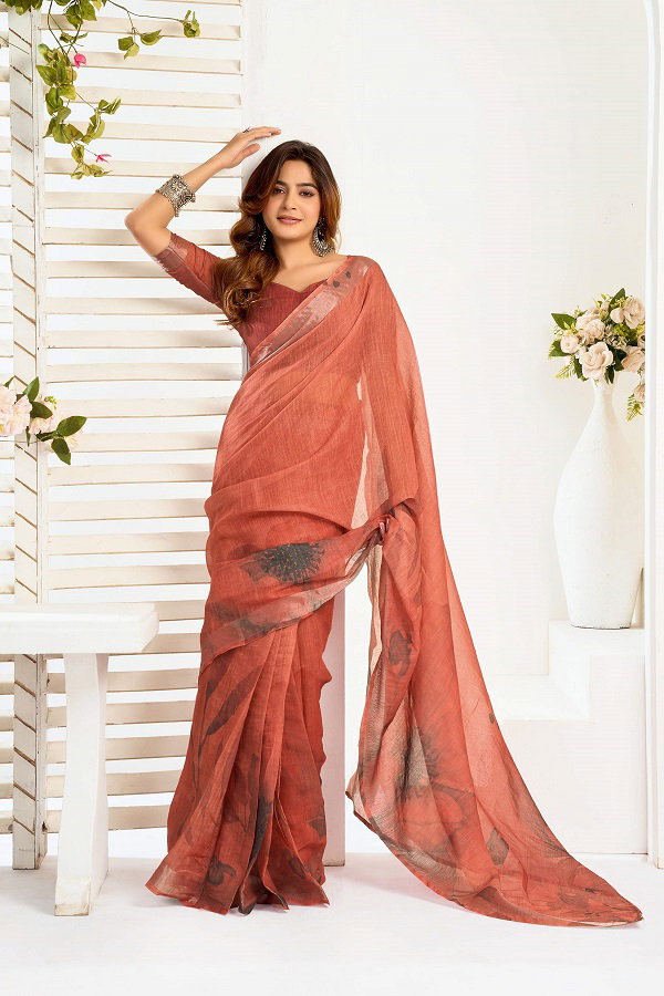Meera 319 Party Wear Printed Linen Fabric Ready to Wear Saree with Un Stitched Blouse