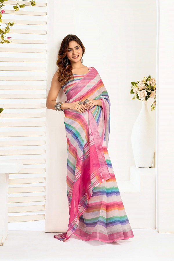 Meera 319 Party Wear Printed Linen Fabric Ready to Wear Saree with Un Stitched Blouse