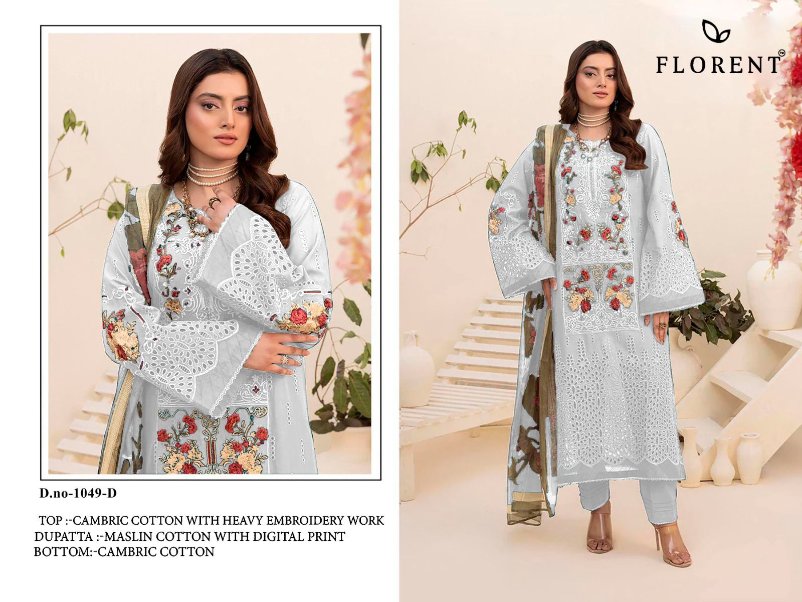 Florent 1049 A To D Cambric Cotton Embroidery Pakistani Salwar Kameez