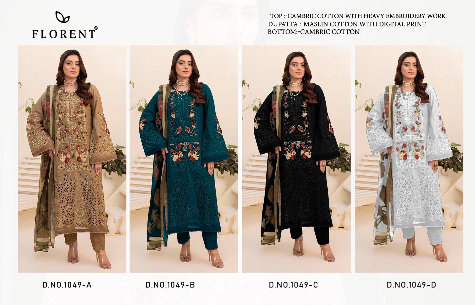 Florent 1049 A To D Cambric Cotton Embroidery Pakistani Salwar Kameez