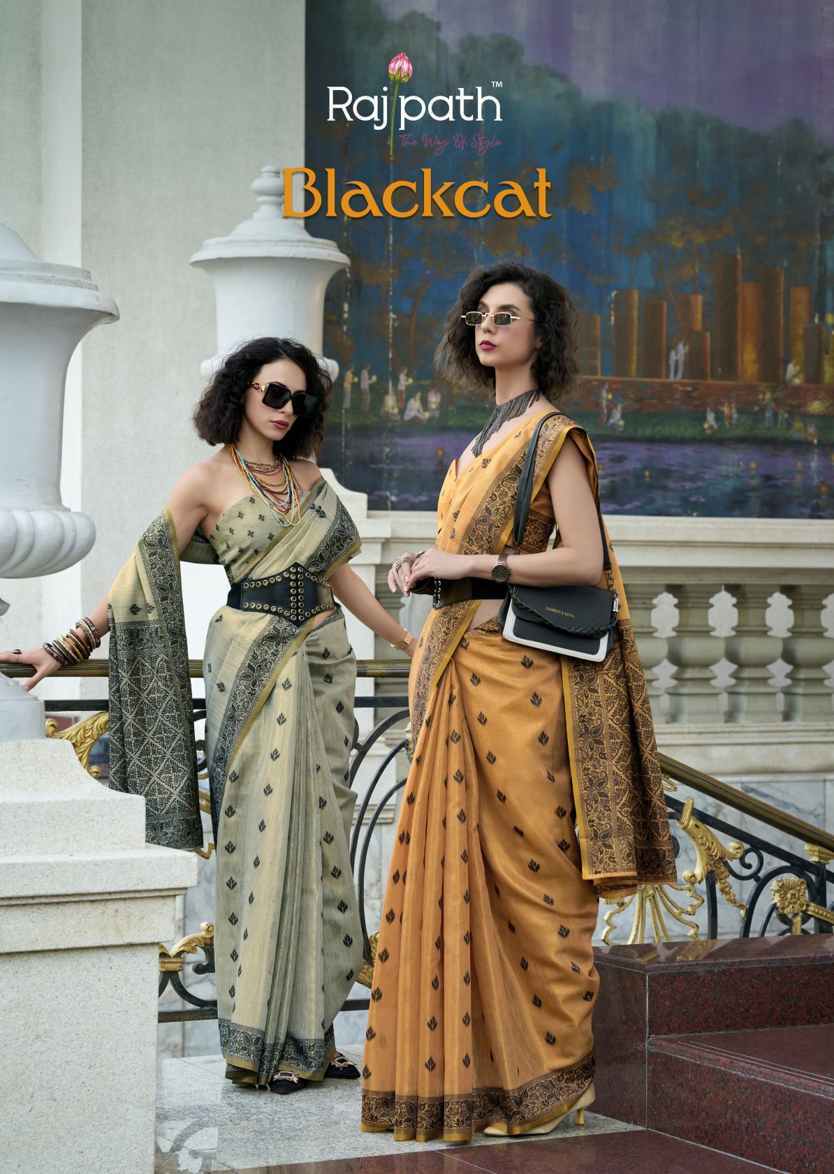 Rajpath Black Cat Tissue Linen Printed Saree