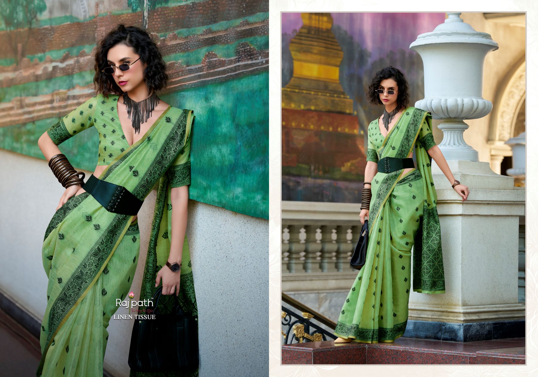 Rajpath Black Cat Tissue Linen Printed Saree