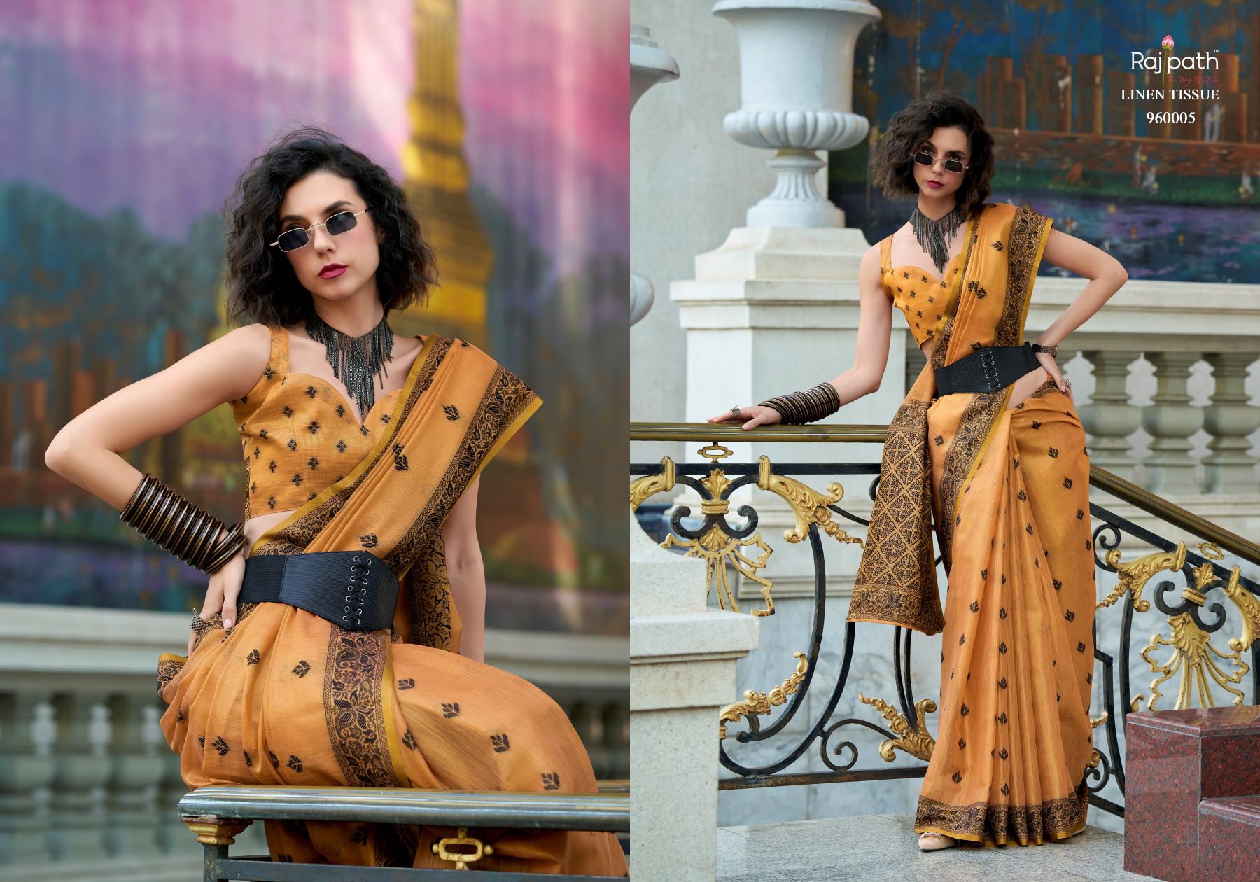 Rajpath Black Cat Tissue Linen Printed Saree