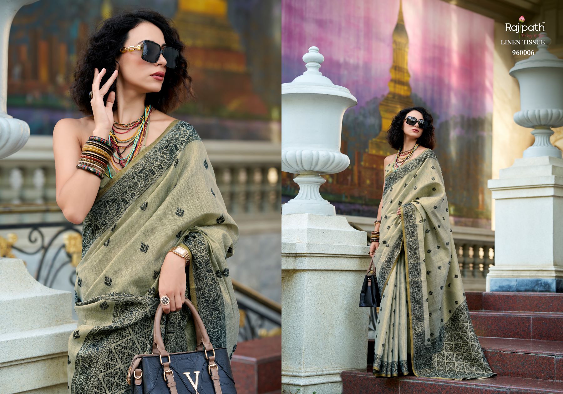 Rajpath Black Cat Tissue Linen Printed Saree