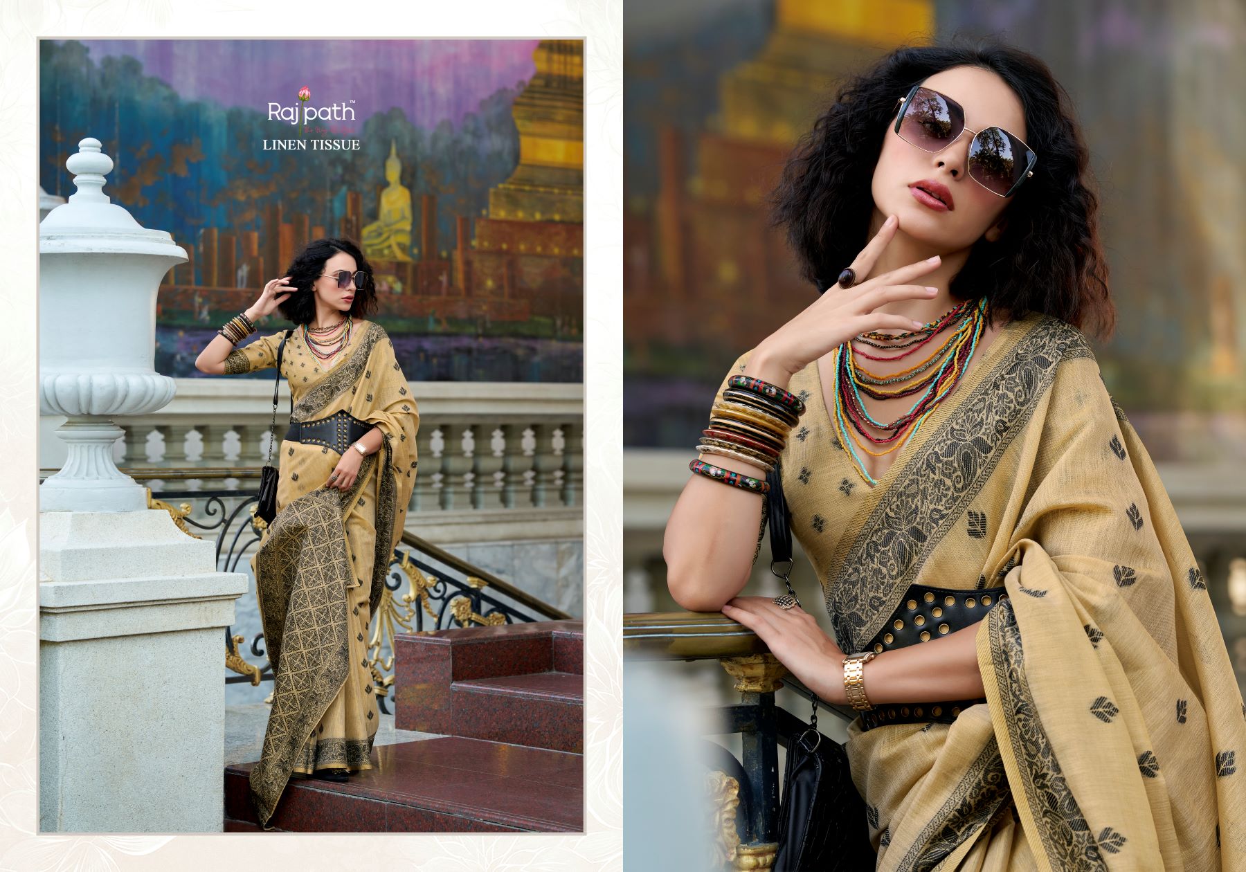 Rajpath Black Cat Tissue Linen Printed Saree
