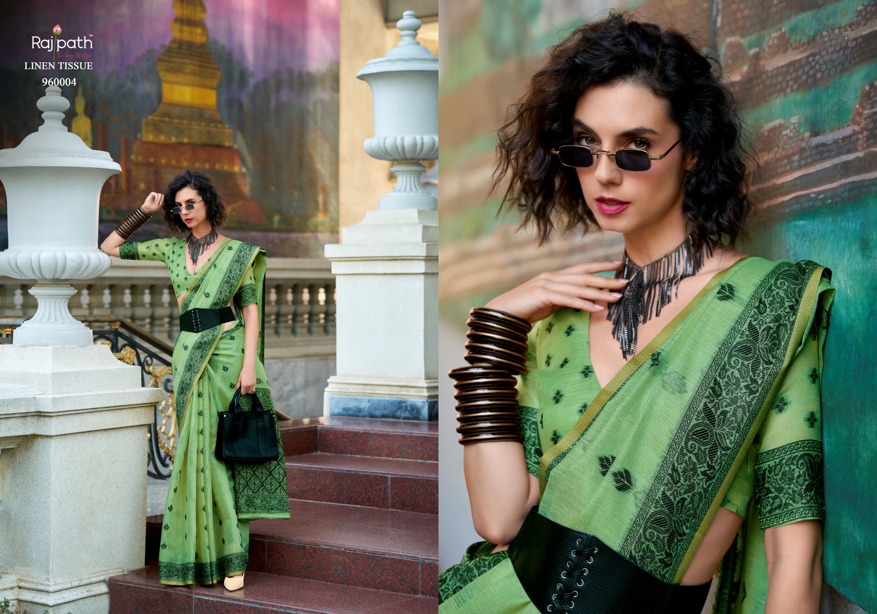 Rajpath Black Cat Tissue Linen Printed Saree