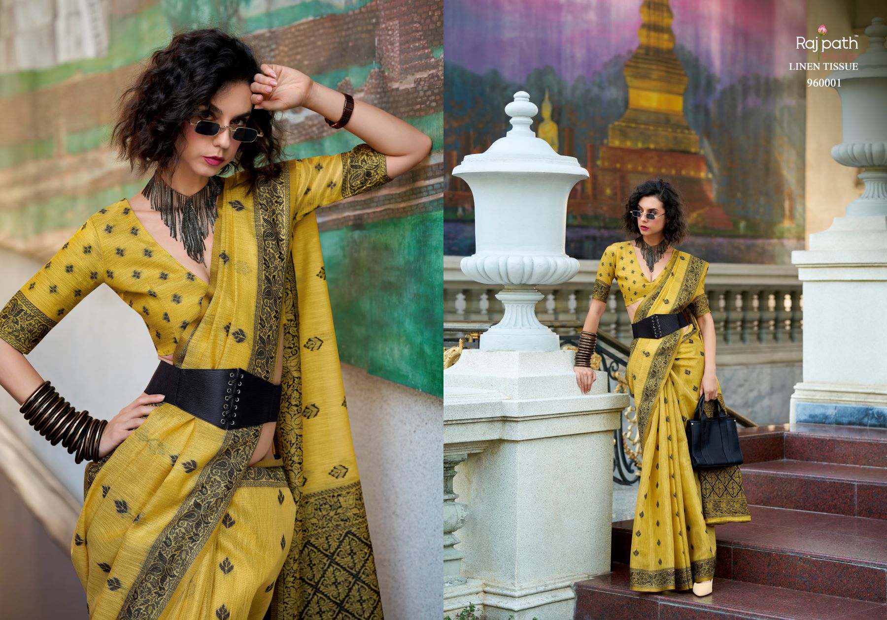 Rajpath Black Cat Tissue Linen Printed Saree