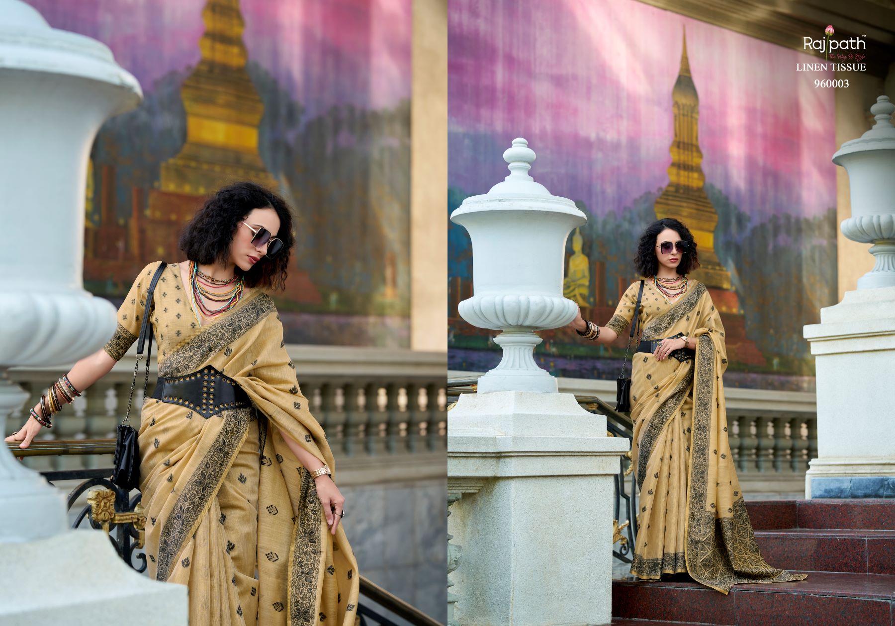 Rajpath Black Cat Tissue Linen Printed Saree