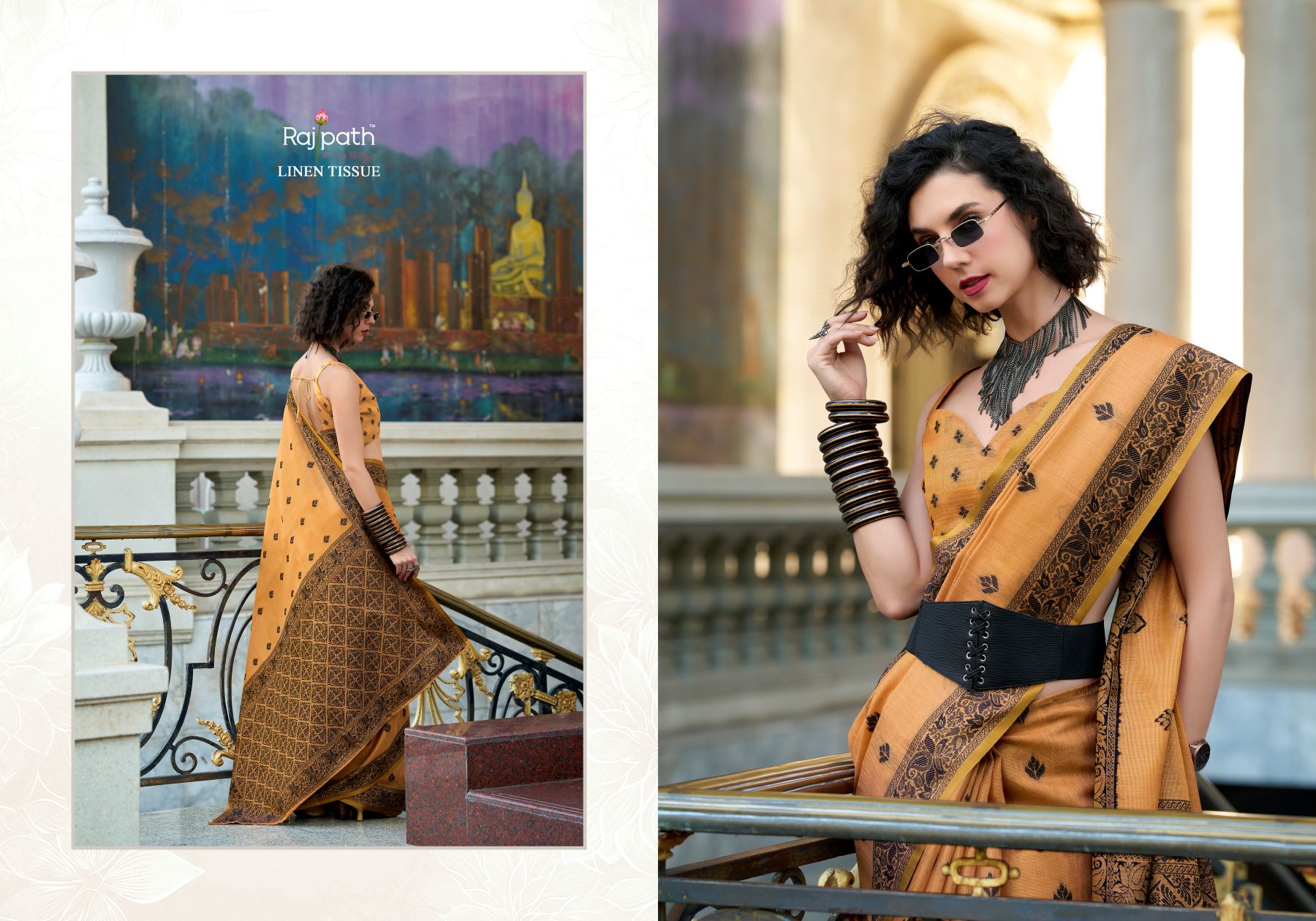 Rajpath Black Cat Tissue Linen Printed Saree