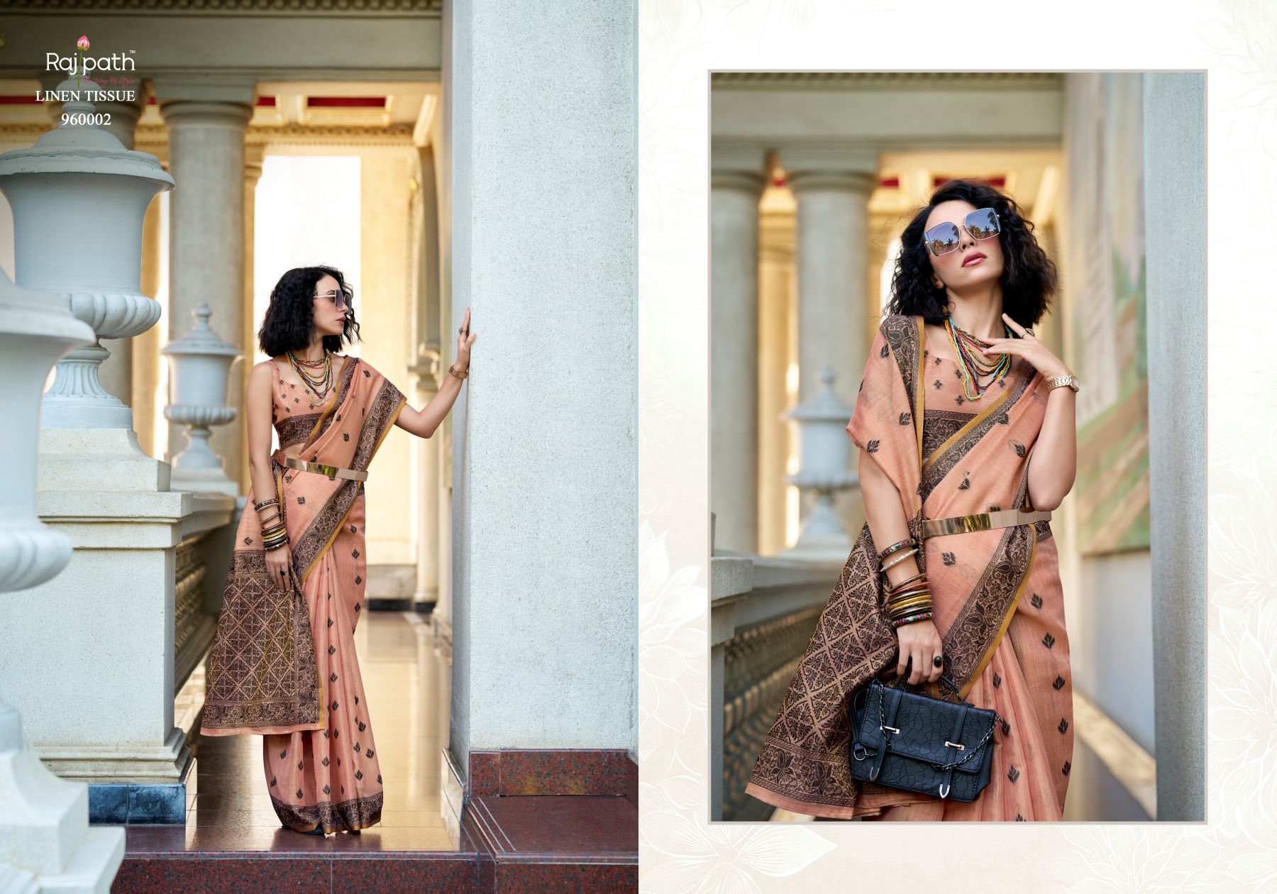 Rajpath Black Cat Tissue Linen Printed Saree
