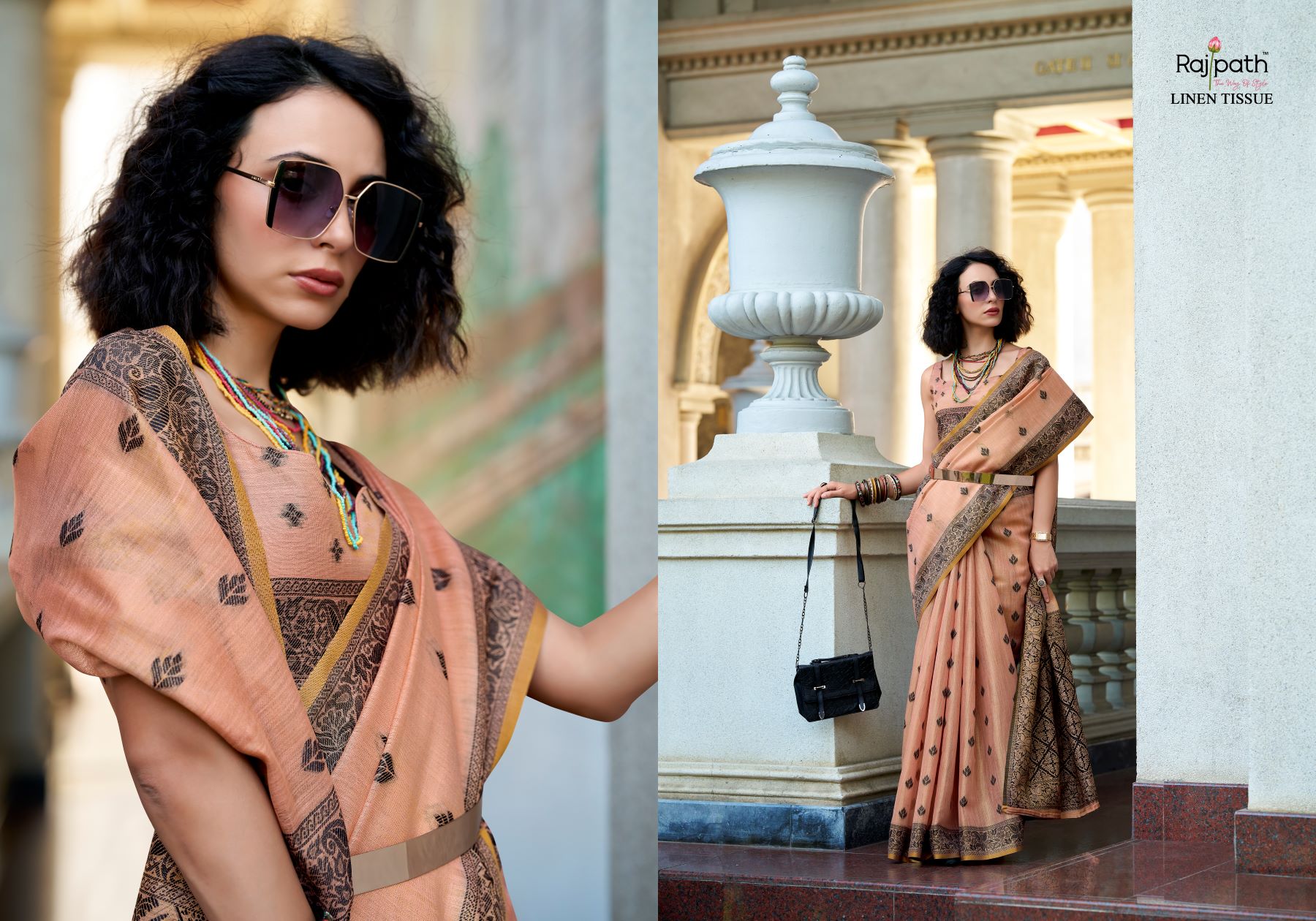 Rajpath Black Cat Tissue Linen Printed Saree