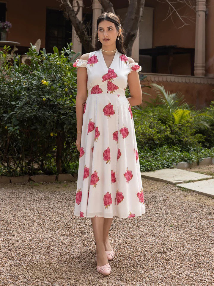 FIO DR0020 White Floral Print Cotton Midi Dress