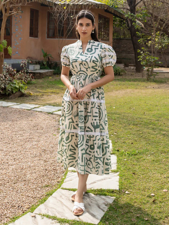 FIO DR0018 Off-White Printed Cotton Midi Dress