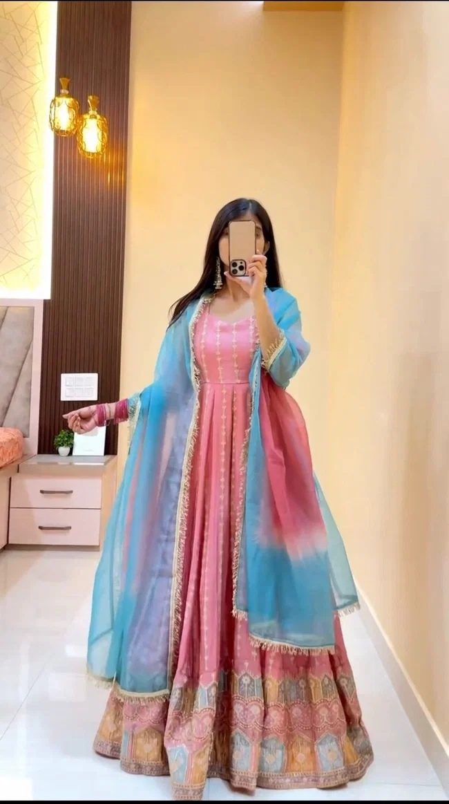 Glory 5964 Chinon Silk Anarkali With Pent And Dupatta