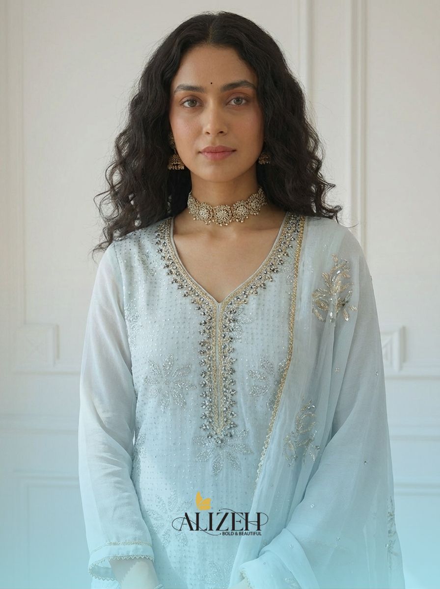 Alizeh 7041 To 7044 Georgette Embroidered Kurti Pant And Dupatta