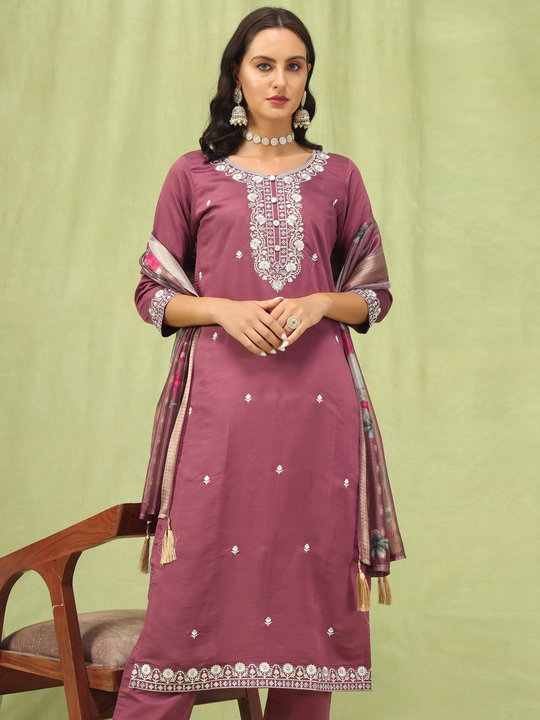 Vp 9594 Viscose Roman Silk Embroidery Straight Kurti With Bottom Dupatta