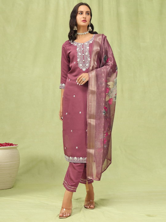 Vp 9594 Viscose Roman Silk Embroidery Straight Kurti With Bottom Dupatta