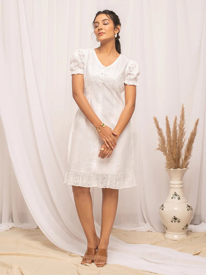 FIO DR0013 Schiffli Work Cotton Skater Dress