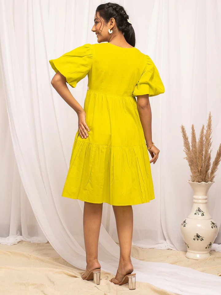 FIO DR0004 Lemon Yellow Colour Solid Cotton Skater Dress