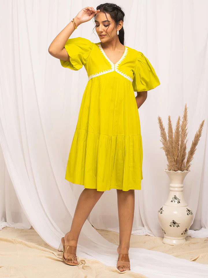 FIO DR0004 Lemon Yellow Colour Solid Cotton Skater Dress