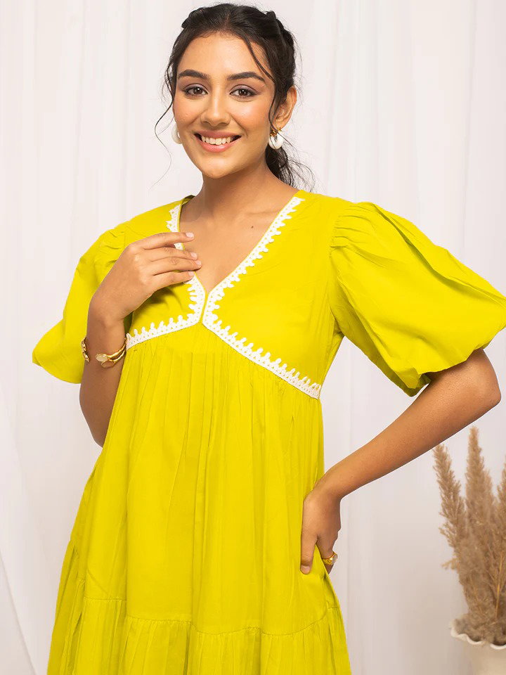 FIO DR0004 Lemon Yellow Colour Solid Cotton Skater Dress