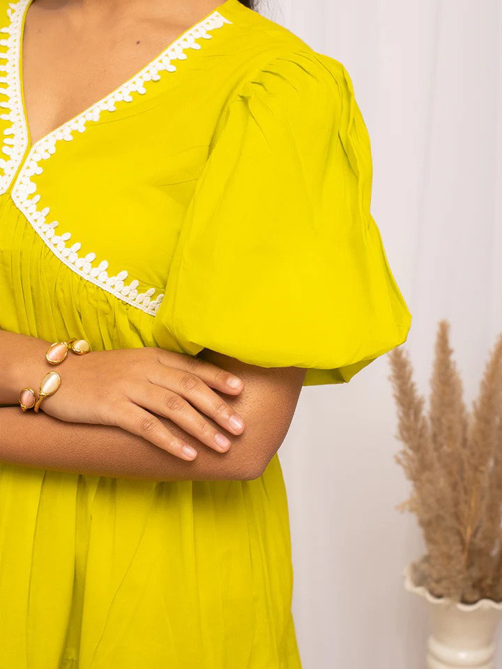 FIO DR0004 Lemon Yellow Colour Solid Cotton Skater Dress