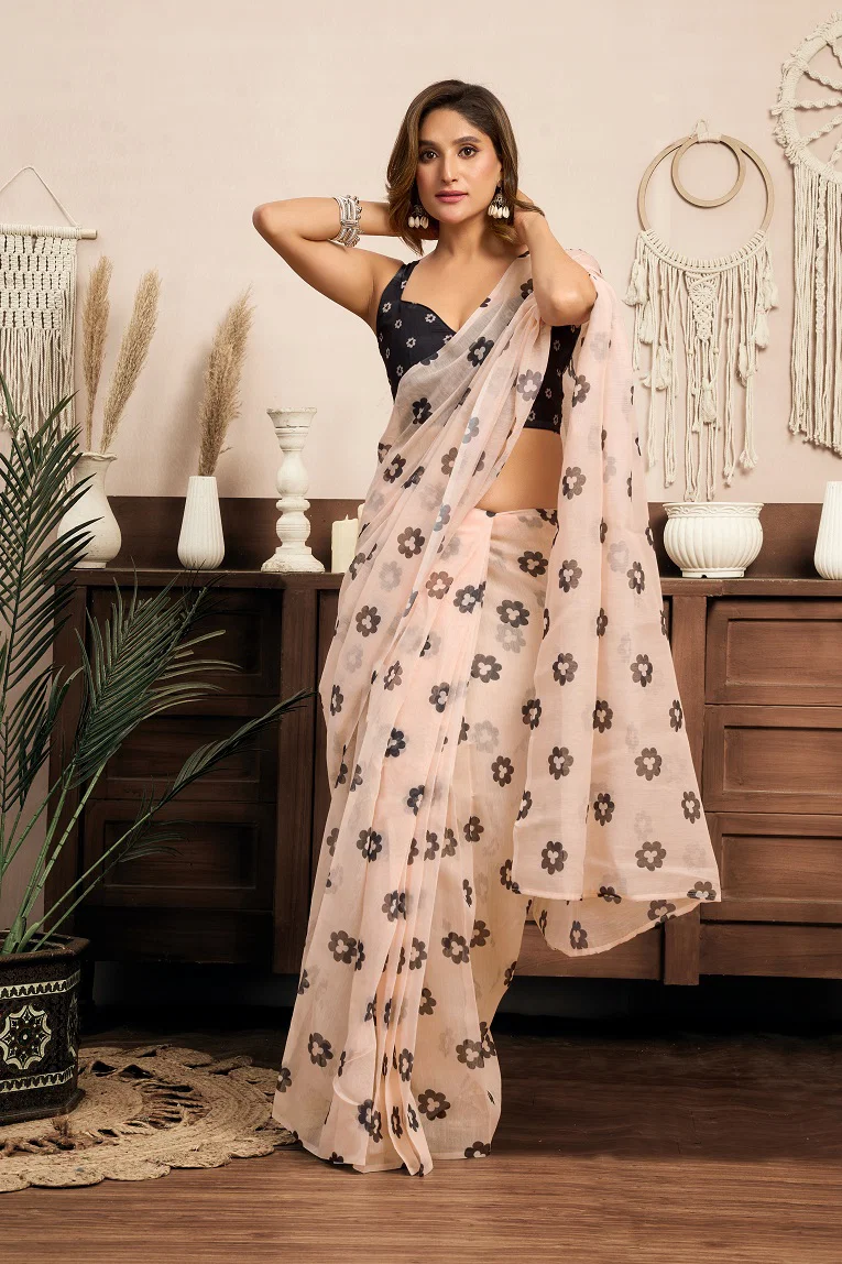 Meera 320 Party Wear Printed Linen Fabric Ready to Wear Saree with Un Stitched Blouse