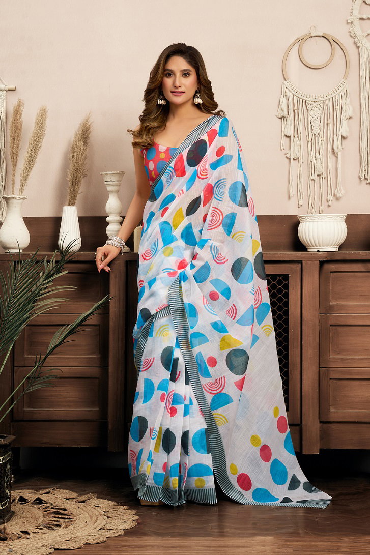 Meera 320 Party Wear Printed Linen Fabric Ready to Wear Saree with Un Stitched Blouse
