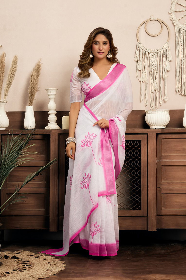 Meera 320 Party Wear Printed Linen Fabric Ready to Wear Saree with Un Stitched Blouse