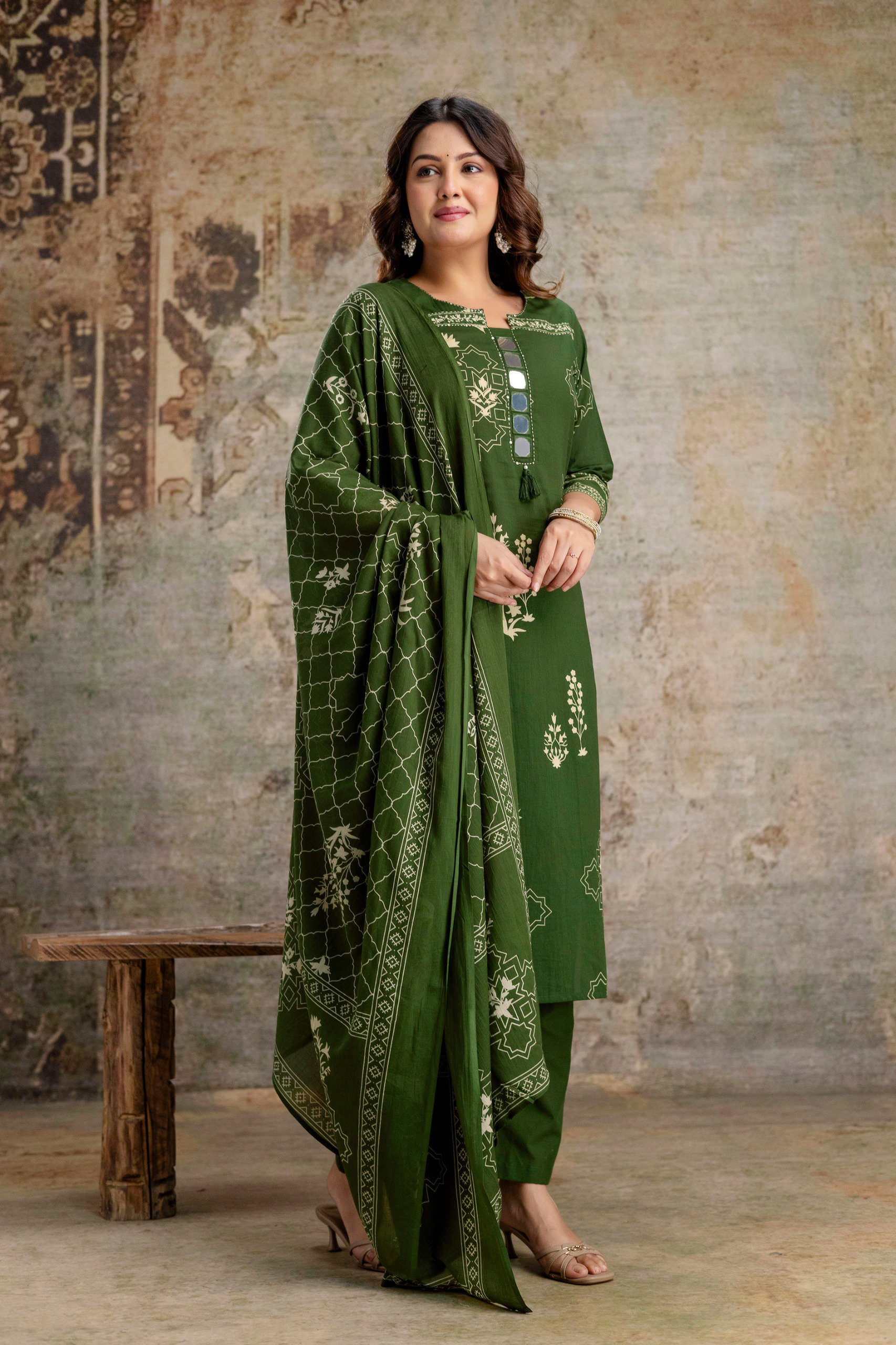 Naisha K 516 Cotton Mirror Worked Fancy Kurti With Bottom Dupatta