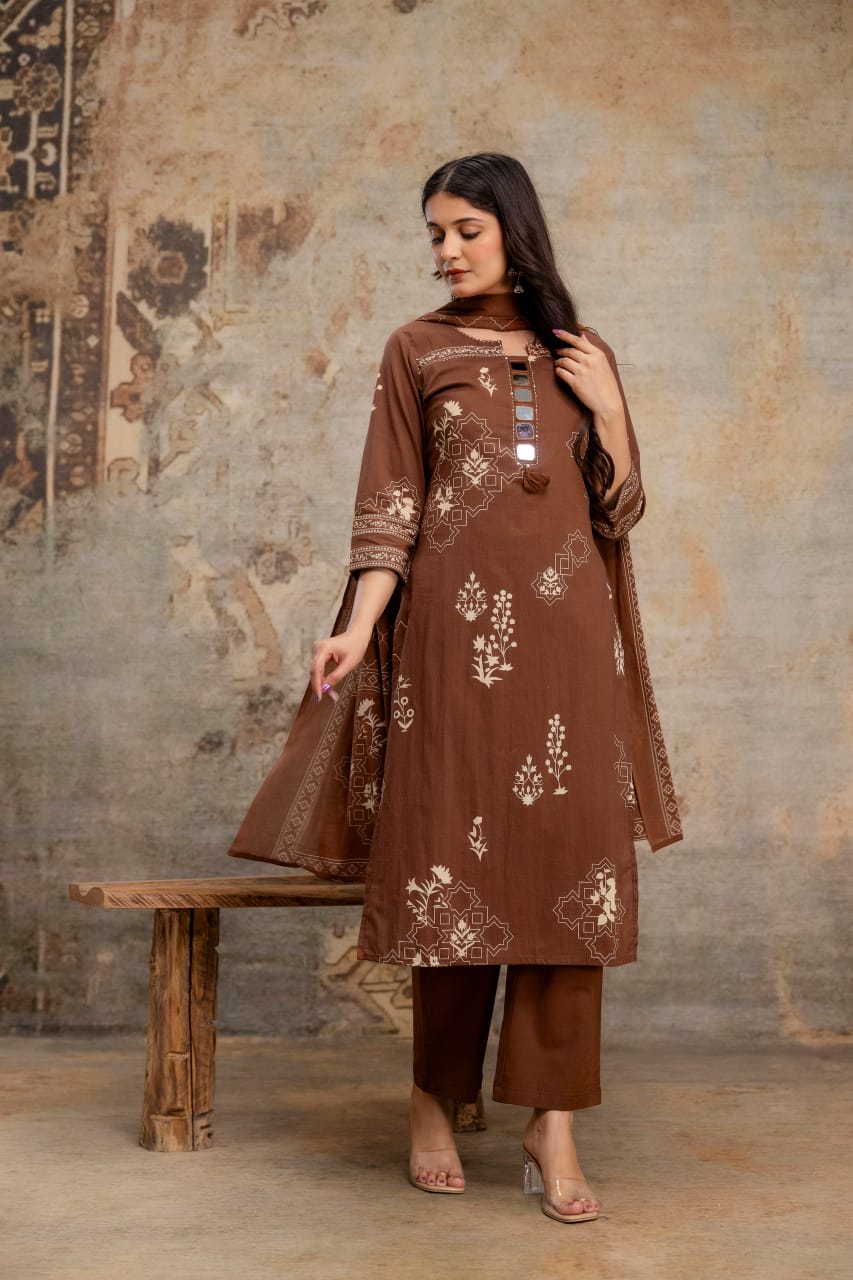 Naisha K 516 Cotton Mirror Worked Fancy Kurti With Bottom Dupatta