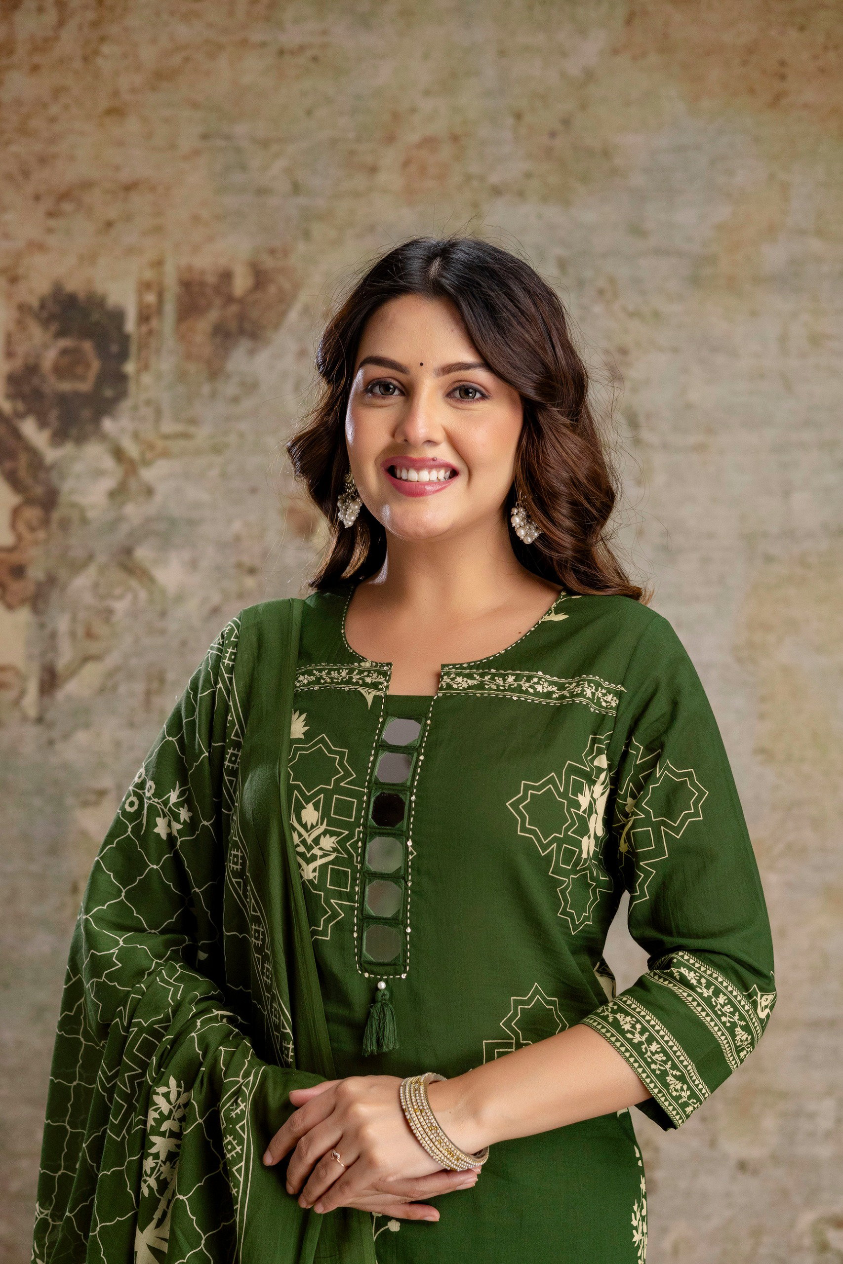 Naisha K 516 Cotton Mirror Worked Fancy Kurti With Bottom Dupatta