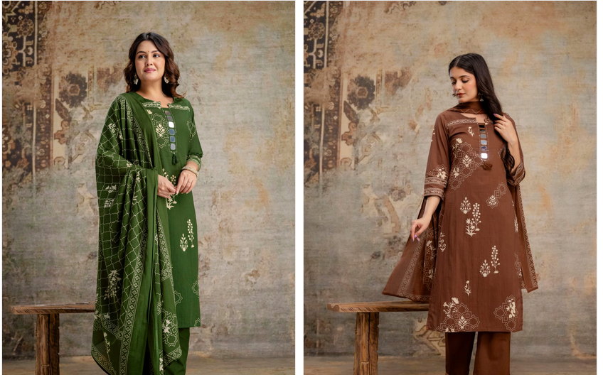 Naisha K 516 Cotton Mirror Worked Fancy Kurti With Bottom Dupatta