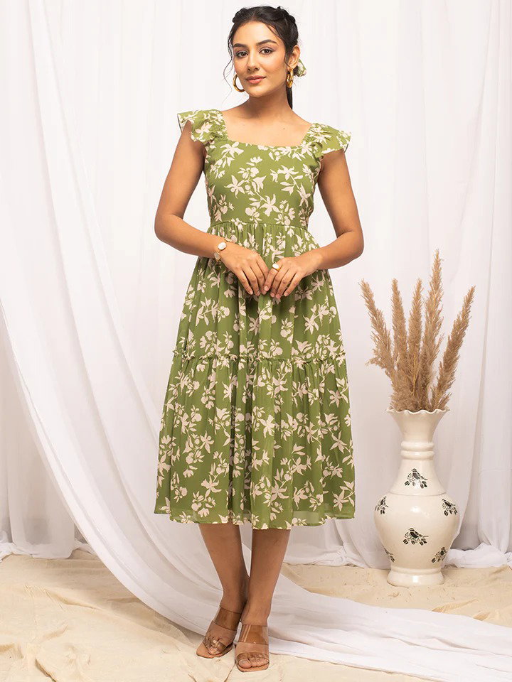 FIO DR0015 Mehandi Green Georgette Floral Printed Dress
