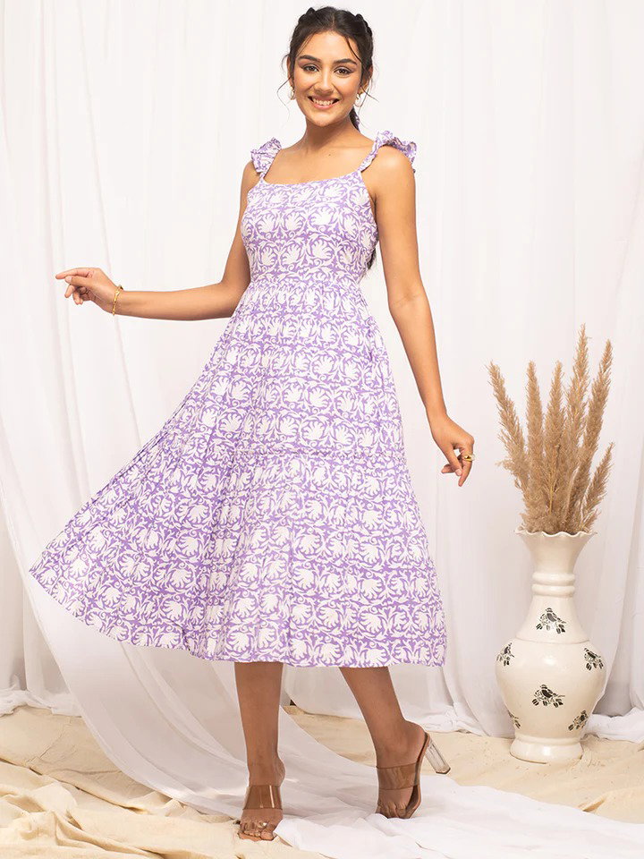 FIO DR0005 Lavender Cotton Floral Printed Dress
