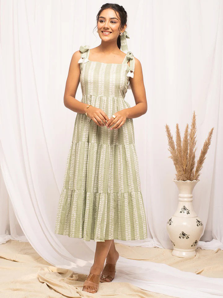 FIO DR0002 Green Cotton Printed Dress