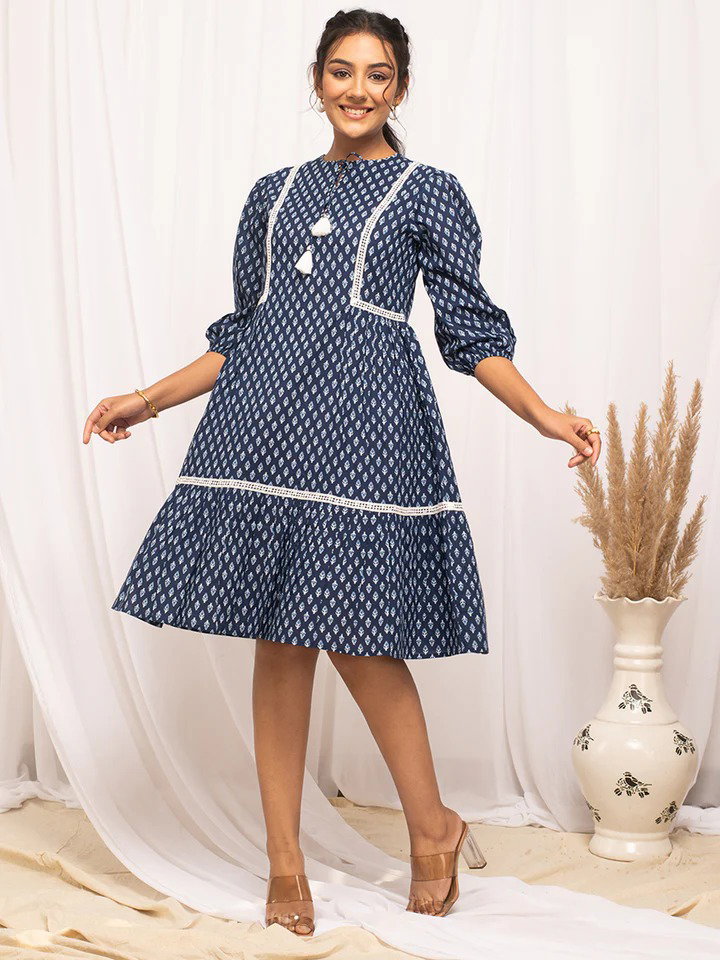 FIO DR0008 Blue Cotton Floral Printed Dress