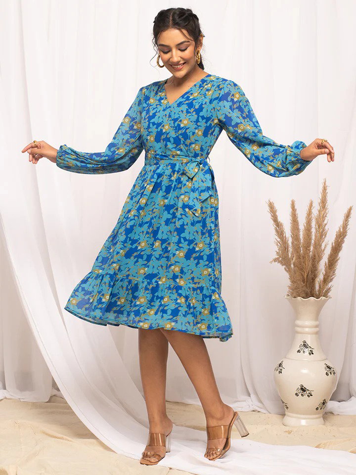 FIO DR0010 Sky Blue Georgette Floral Printed Dress