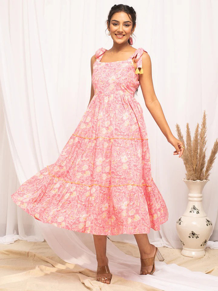  FIO DR0003 Peach Cotton Floral Printed Dress
