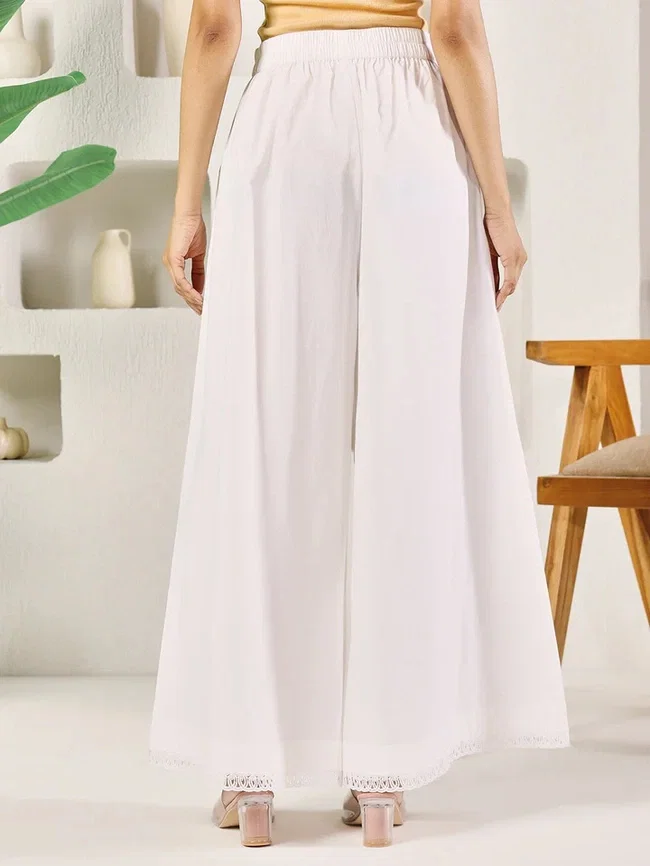 FIO BTM025 White Cotton Solid Palazzo With Lace