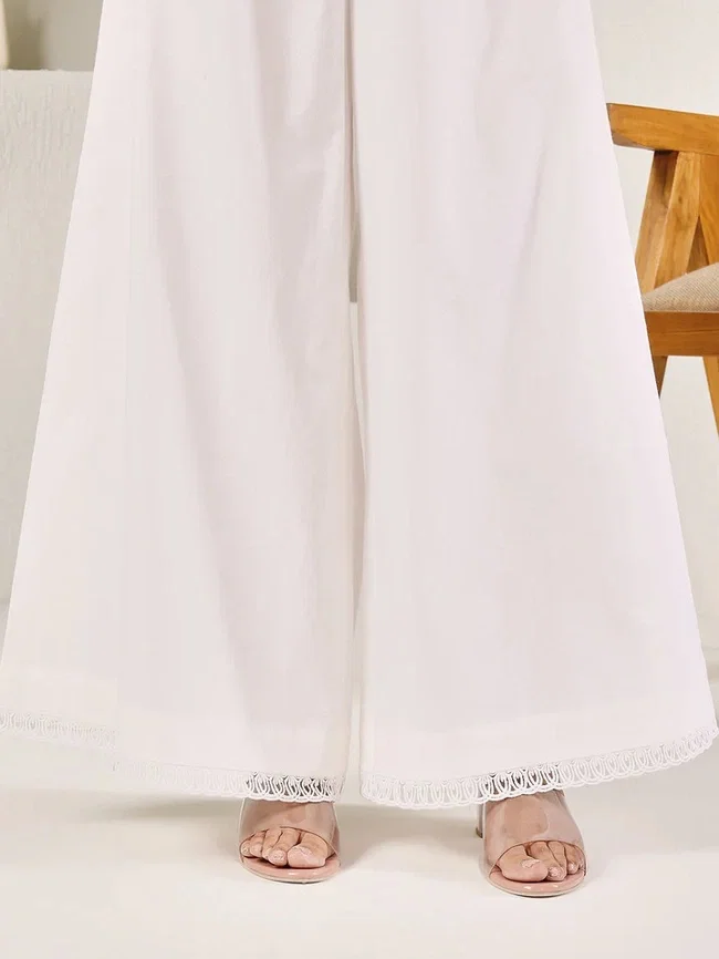 FIO BTM025 White Cotton Solid Palazzo With Lace