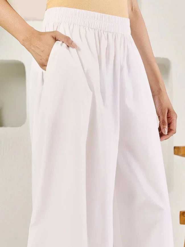 FIO BTM025 White Cotton Solid Palazzo With Lace