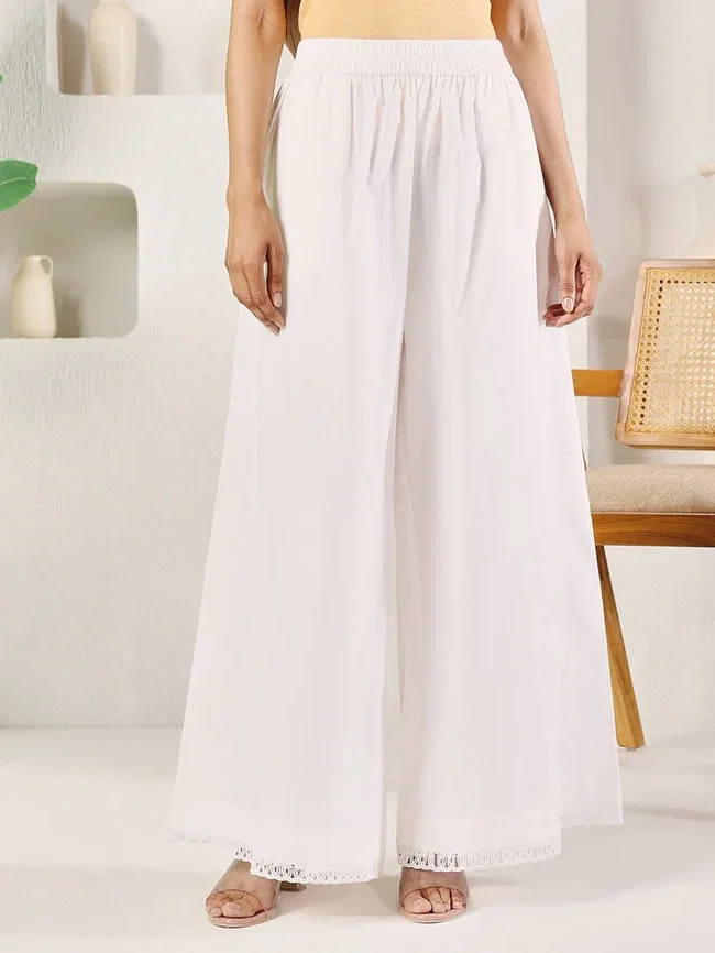 FIO BTM025 White Cotton Solid Palazzo With Lace