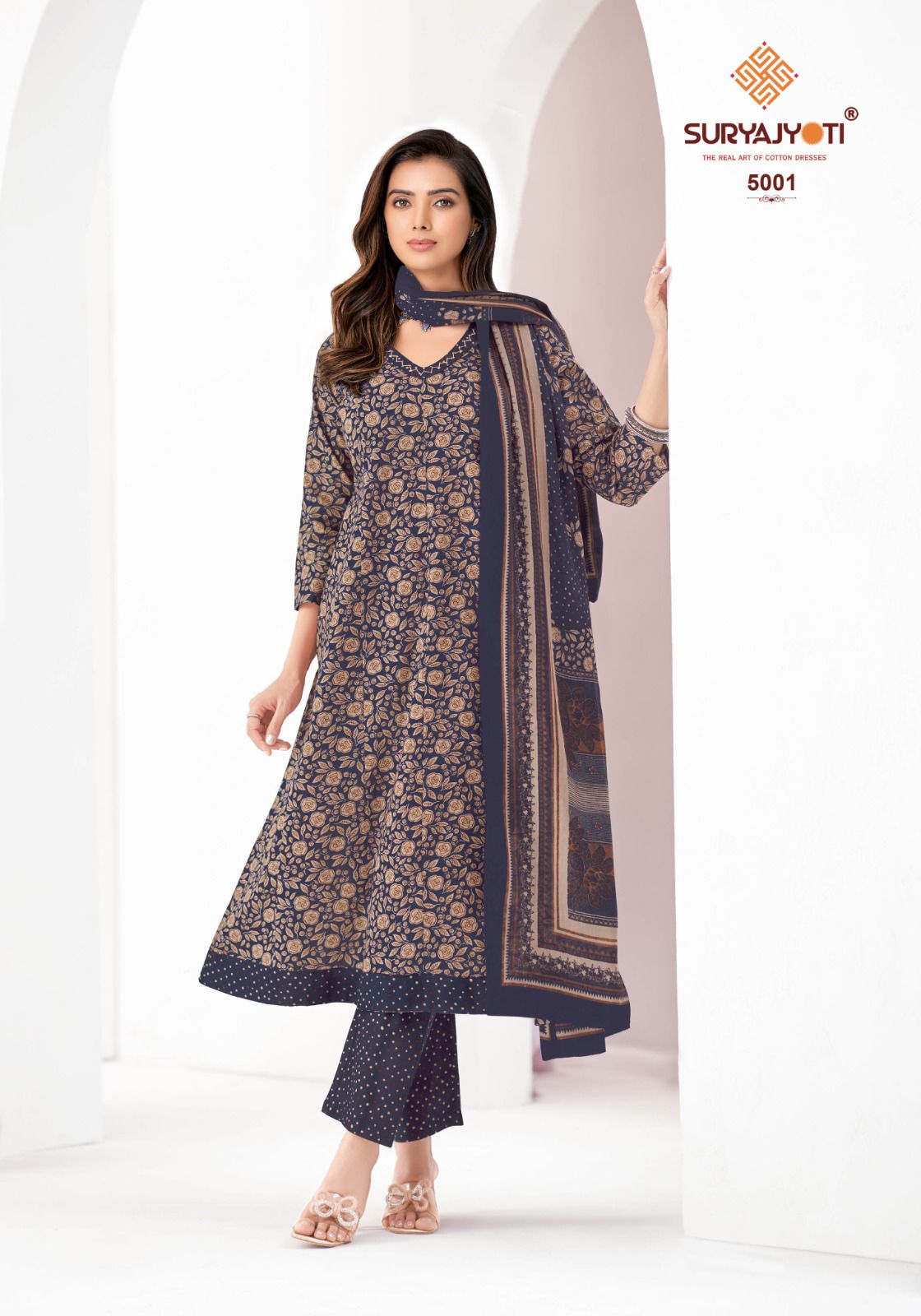 Suryajyoti Rashmika Vol 5 Pure Cotton Printed Anarkali Style Kurti Bottom With Dupatta