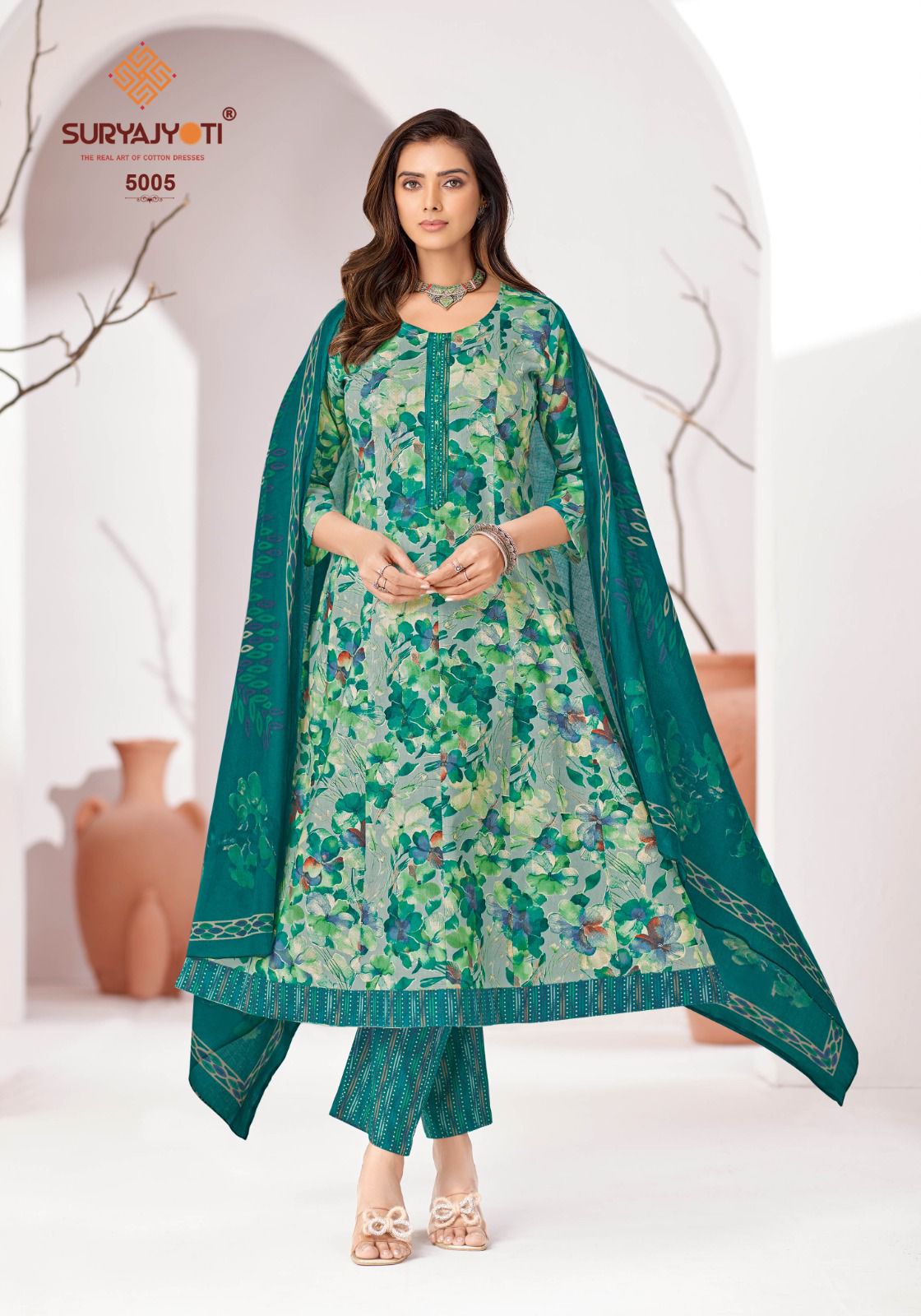 Suryajyoti Rashmika Vol 5 Pure Cotton Printed Anarkali Style Kurti Bottom With Dupatta