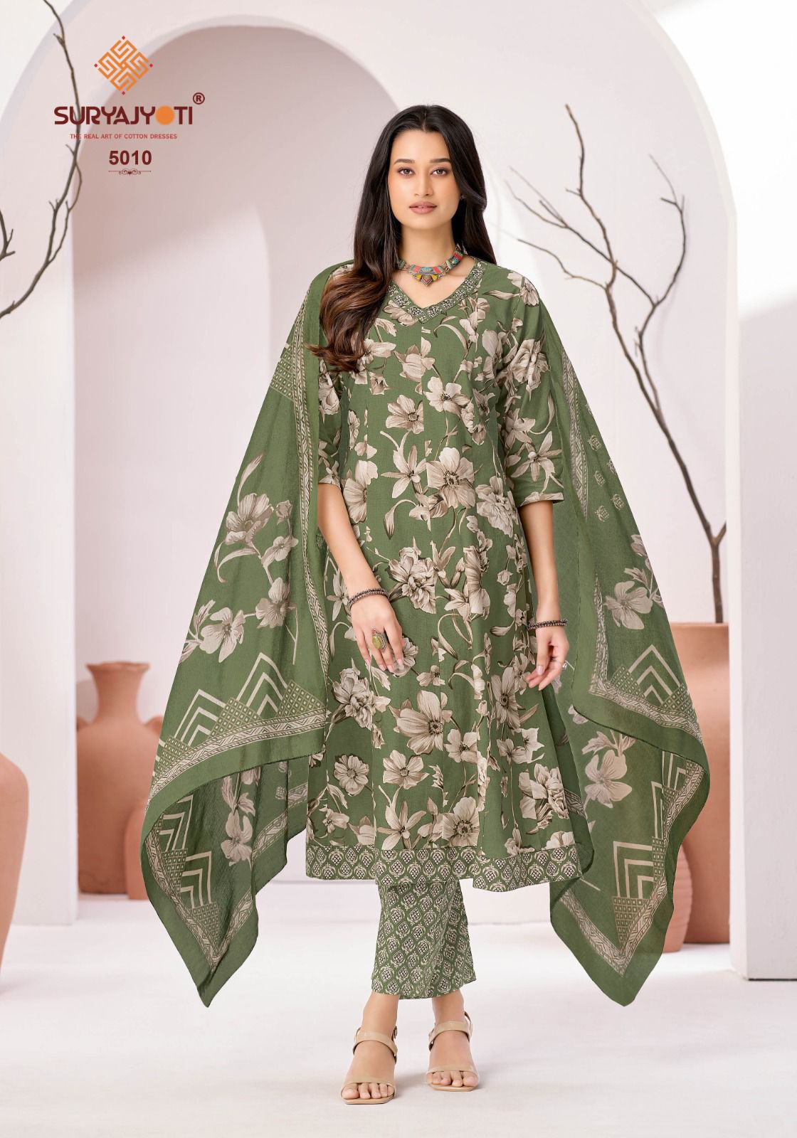 Suryajyoti Rashmika Vol 5 Pure Cotton Printed Anarkali Style Kurti Bottom With Dupatta