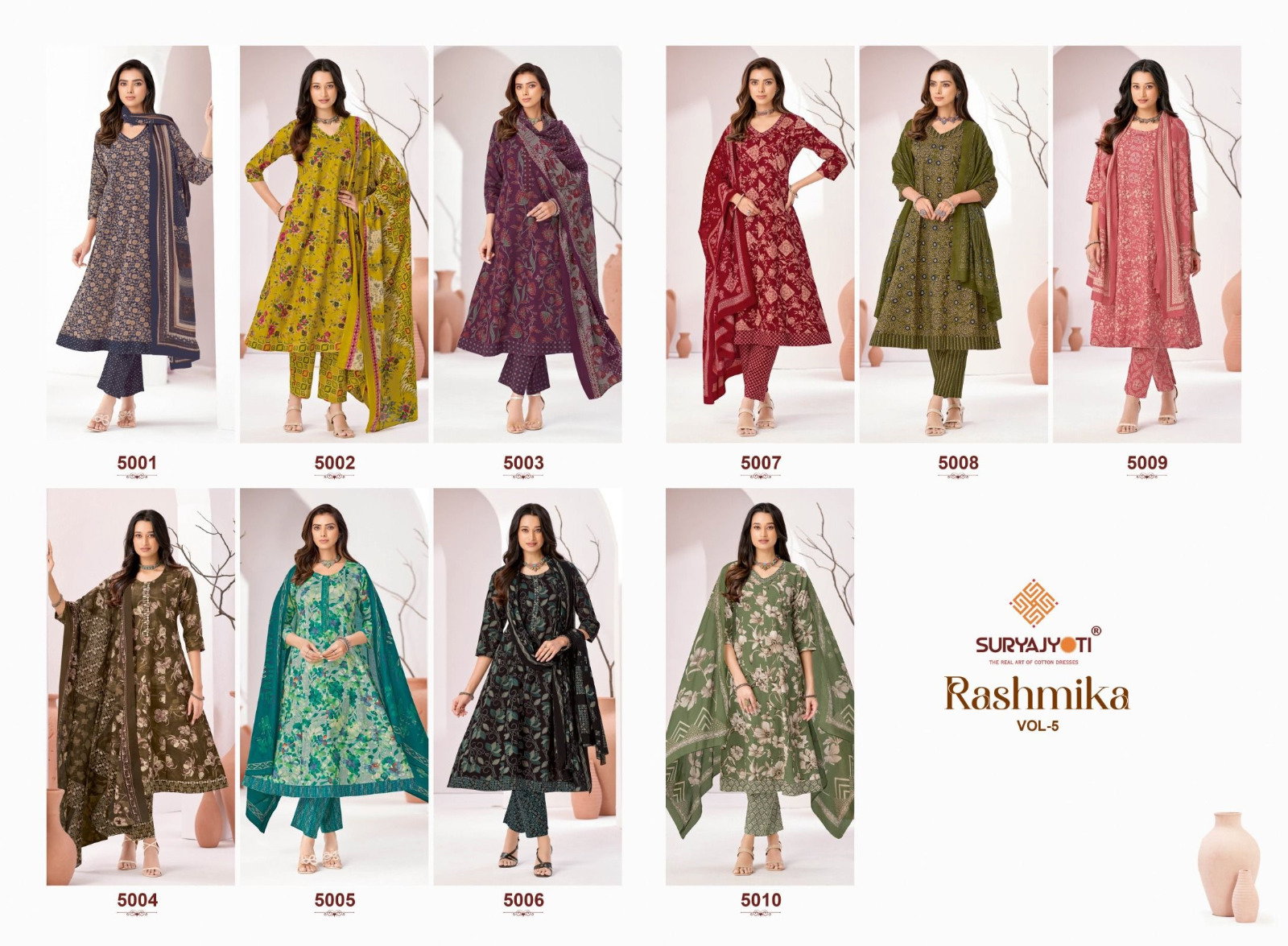 Suryajyoti Rashmika Vol 5 Pure Cotton Printed Anarkali Style Kurti Bottom With Dupatta