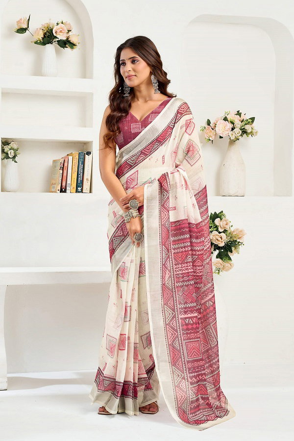 Meera 321 Party Wear Printed Linen Fabric Ready to Wear Saree with Un Stitched Blouse