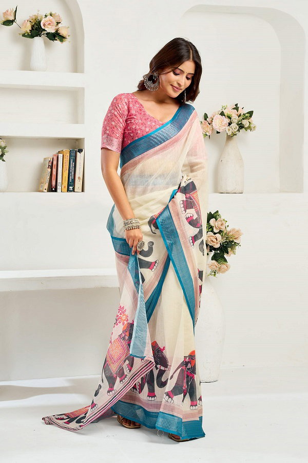 Meera 321 Party Wear Printed Linen Fabric Ready to Wear Saree with Un Stitched Blouse