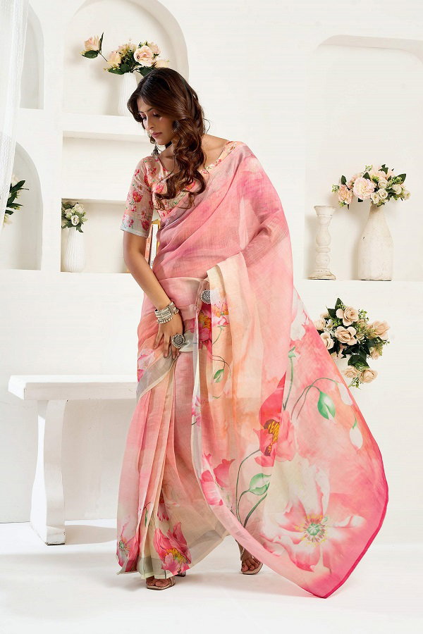 Meera 321 Party Wear Printed Linen Fabric Ready to Wear Saree with Un Stitched Blouse